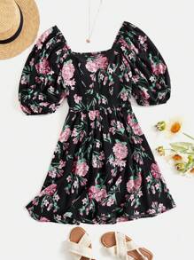 SHEIN VCAY 花卉印花甜心領泡袖夏季女士沙灘裙 - 彩色 - 查看 1