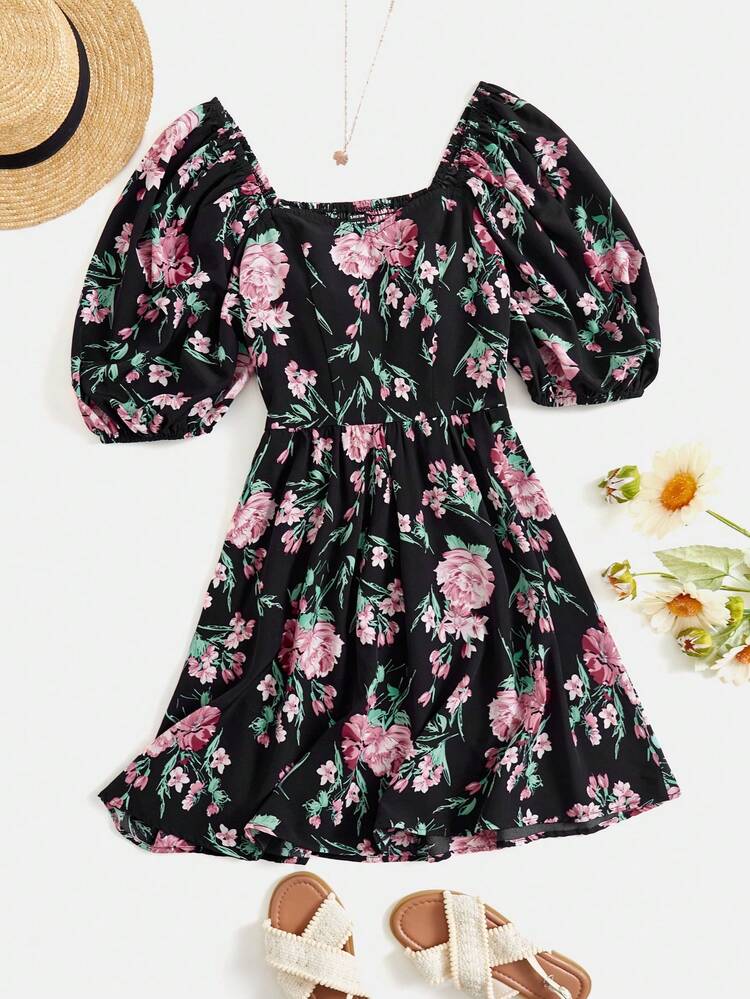 SHEIN VCAY 花卉印花甜心領泡袖夏季女士沙灘裙 - 彩色 - 查看 1
