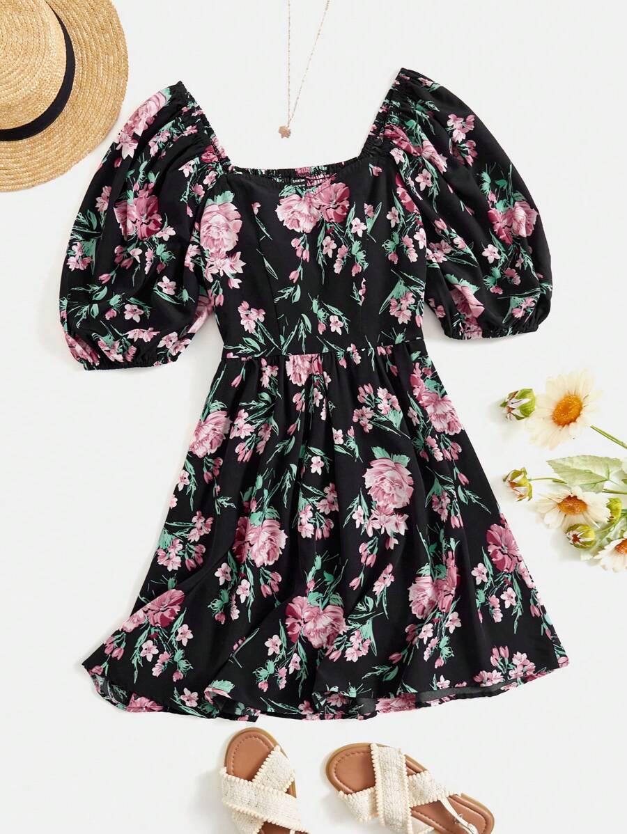 SHEIN VCAY 花卉印花甜心領泡袖夏季女士沙灘裙 - 彩色 - 查看 1