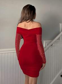 Firerie Off-Shoulder Ruffle & Pearl Beaded Bodycon Dress