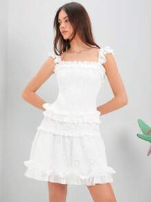 Enchnt Spring Summer Women's Solid Color Hollow Out Embroidered Patchwork Ruffled Hem Spaghetti Strap White Bridal Shower  Dress - White - View 5