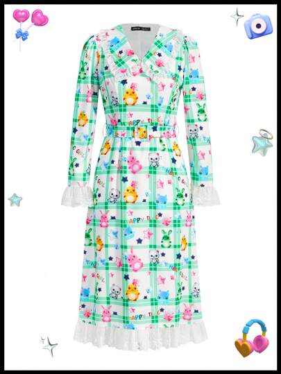 SHEINNeu Kidcore Dopamine Printed Plaid Lace Trim Peter Pan Collar Adjustable Animal Print Cat Dress Waistband Dress Ruffle Dress Dress With Sleeves Summer Dress Summer Dress