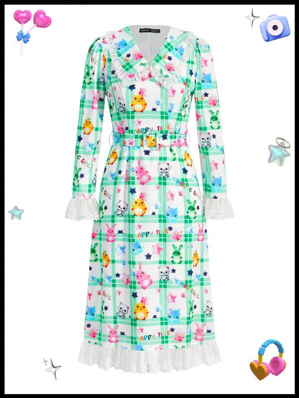 SHEINNeu Kidcore Dopamine Printed Plaid Lace Trim Peter Pan Collar Adjustable Animal Print Cat Dress Waistband Dress Ruffle Dress Dress With Sleeves Summer Dress Summer Dress