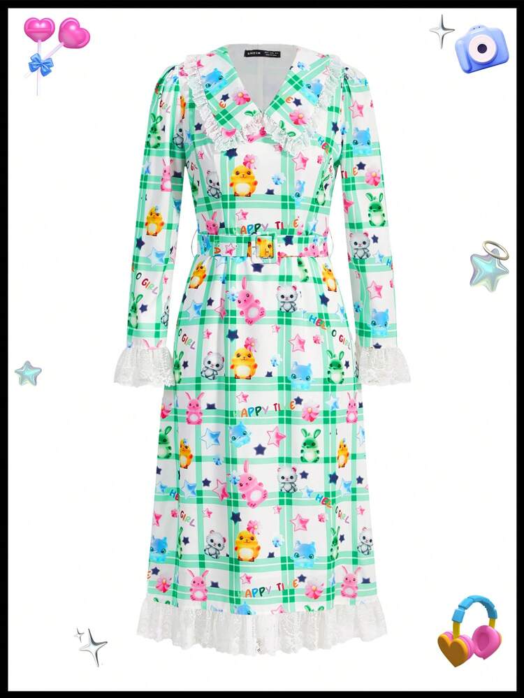 Kidcore Dopamine Printed Plaid Lace Trim Peter Pan Collar Adjustable Animal Print Cat Dress Waistband Dress Ruffle Dress Dress With Sleeves Summer Dress Summer Dress