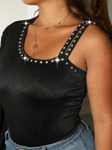 Celure Plus Size Beaded Asymmetrical Collar Slim Fit Bodysuit - Black - View 5