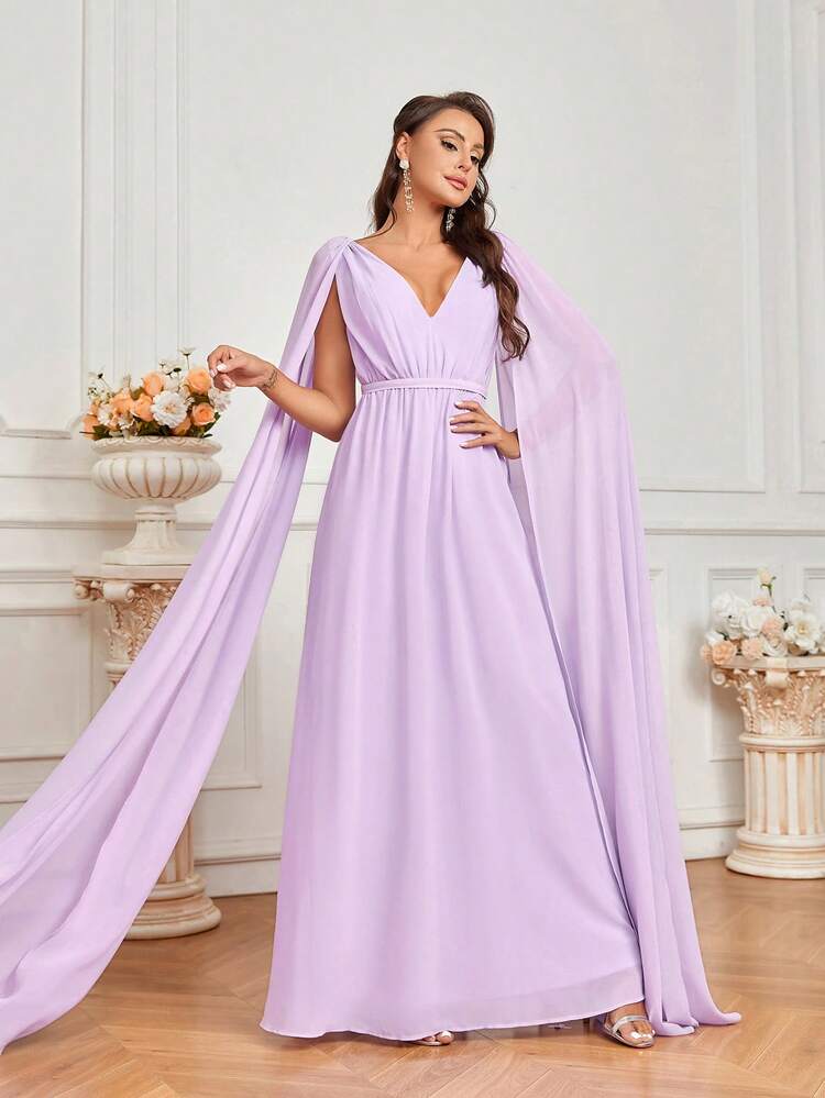 Women's Bridesmaid Dress With Purple Flowing Chiffon Fabric V-Neck Puff Sleeves And Draped Flowing Cape  Bridesmaid Dress
