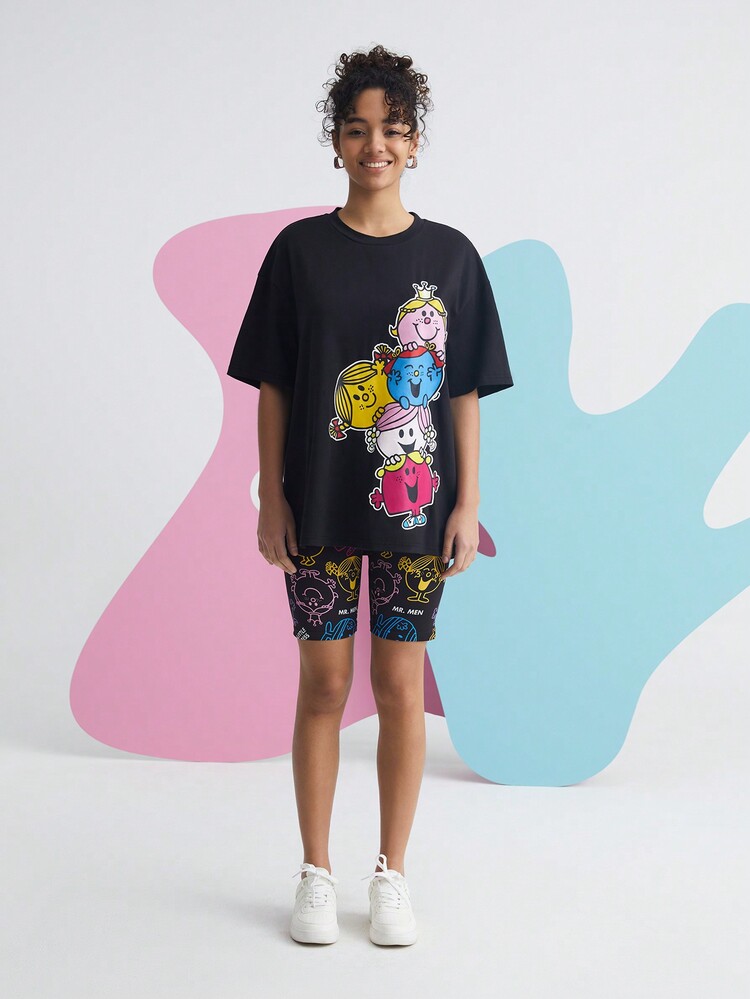 Mr Men Little Miss X SHEIN Cartoon And Letter Graphic Biker Shorts - Black - View 4