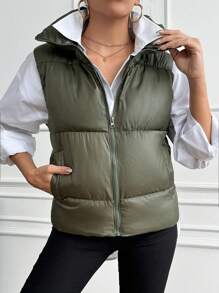 EURMUSE Solid Color Stand Collar Sleeveless Jacket Winter Vest - Khaki - View 4
