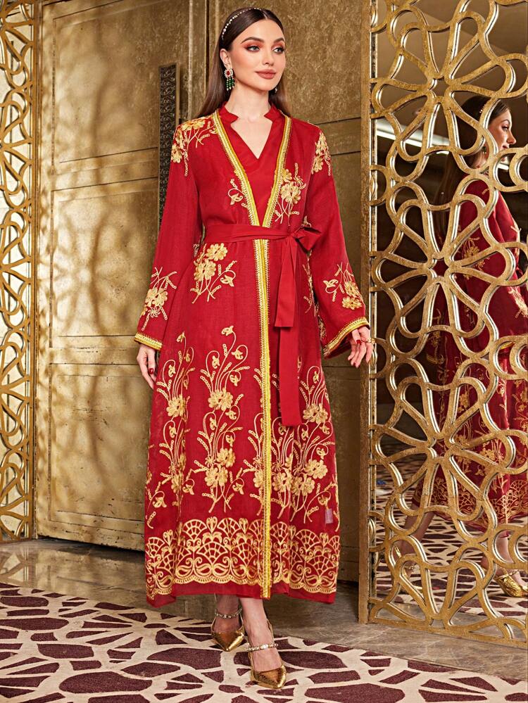 Ladies' Floral Embroidery Belted Coat And Solid Color Dress Kaftan 2pcs/Set, Moroccan Caftan, Elegant Luxury Evening Party Style 2 Piece Set Fall Cloth For Women
