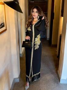 Al Najma Women's V-Neck Bell Sleeve Fringed Hem Jalabiya Dress, Elegant Evening Party Dress - Black - View 3