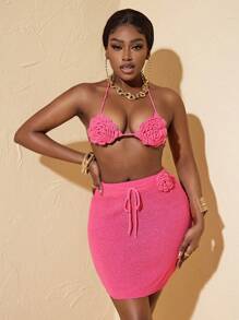 Zolique Floral 3d Cropped Backless Halter Top And Skirt, Sweater Two Pieces Set