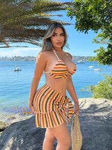 SHEIN SXY Women's 2pcs/Set Bohemian Style Rainbow Striped Halter Neck Vest And Skirt Set For Beach Vacation