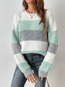 SHEIN Frenchy 女士條紋落肩長袖毛衣套頭 - 薄荷綠 - 查看 4