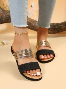 New Women's Flat Roman Slide Sandals With Gold Straps, Khaki Color, One-Strap Style (Size Runs One Size Large) - Black - View 5