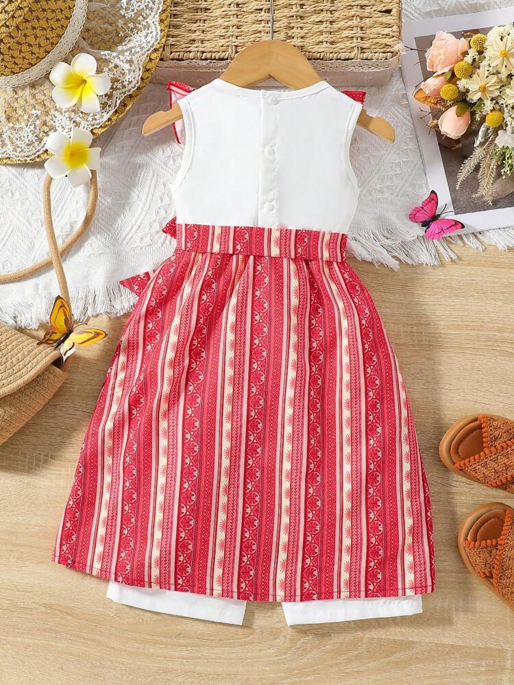 Baby Girls' Summer New Arrival Retro Floral Print Spliced Wide-Leg Jumpsuit Matching Waist Belt 2pcs/Set