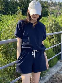 DAZY Solid Color Round Neck Short Sleeve Casual Top And Elastic Waist Shorts,Women Two Pieces Sets Lounge Sets For Women - Royal Blue - View 1