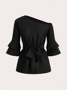 SHEIN Clasi Women's Asymmetrical Hem Shirt With Tie Belt - Black - View 1