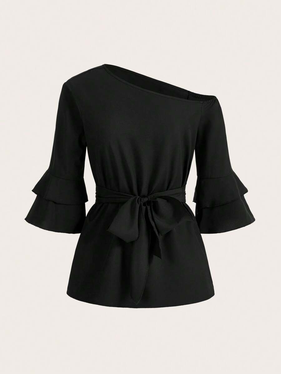 SHEIN Clasi Women's Asymmetrical Hem Shirt With Tie Belt - Black - View 1