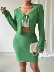 Chiquease 女款純色質感束帶上衣與裙子套裝