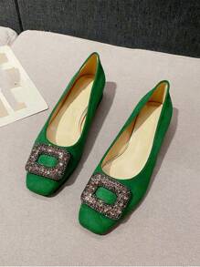 Fall/Winter Fashionable Classic Suede Chunky Heel Square Toe Pumps With Full Rhinestone Buckle Detailing For Women,Flats - Green - View 5