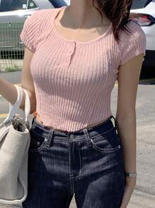 DAZY 女款短袖圓領羅紋針織上衣 - 粉色 - 查看 1