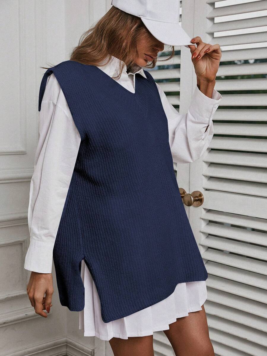 EURMUSE Women's Side Split Knit Sweater Vest - Navy Blue - View 1