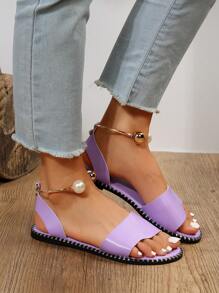 Dép đế bằng trơn màu trơn đơn giản dành cho nữ mùa hè mới có chi tiết khóa ngọc trai giả kim loại và phong cách tươi mới cho ngày lễ tình nhân - Màu tím - Xem 8