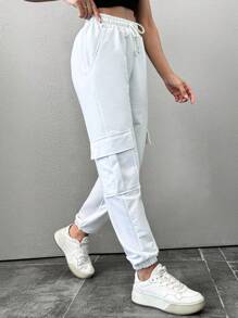 RueChic Women's Solid Color Drawstring Waist Cargo Pants - White - View 3