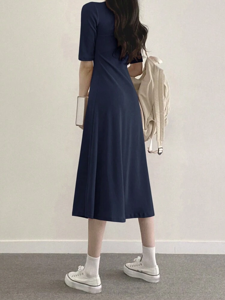 Solid Color Casual A-Line Dress With Round Neck Sundress Maxi Dress