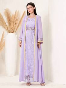 Embroidered Lace Detail Dress And Patchwork Woven Tape Outerwear - Purple - View 5