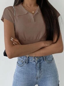 DAZY 女裝實色短款針織上衣,配腰帶和翻領 - 卡其色 - 查看 4