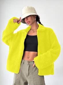 SHEIN Cottnline Women's Solid Color Drop Shoulder Fluffy Jacket - Yellow - View 4