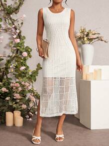 Chiquease Robe En Maille À Mailles Creuses De Couleur Unie