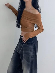 DAZY 纯色露肩罗纹长袖修身T恤短款女式上衣 - 橘色 - 查看 4