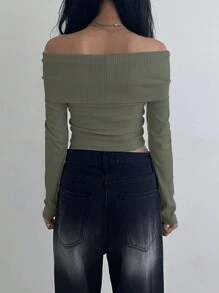DAZY 女式纯色露肩长袖 T 恤，秋季女装短款女式上衣 - 橄欖綠 - 查看 2