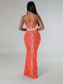 1pc Women's Fashion Sexy Spaghetti Strap Rhinestone Mermaid Dress - Orange - View 2