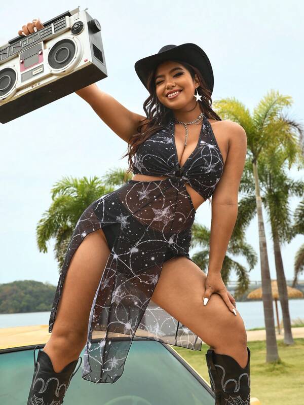 Swim EVENT Plus Size Star & Polka Dot Pattern Print Cover-Up And Solid Tankini Set Summer