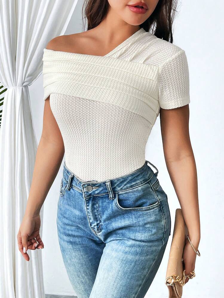 Solid Ruched Asymmetrical Neck Tee For Hen Party And Wedding Season