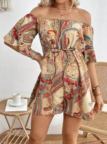 SHEIN Paisley Printed Maternity Off Shoulder Drawstring Waist Romper - Multicolor - View 5
