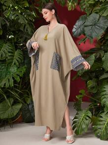 Al Najma Print Patchwork Double Pockets Batwing Sleeve Dress Kaftan Jalabiya Dress - Apricot - View 3
