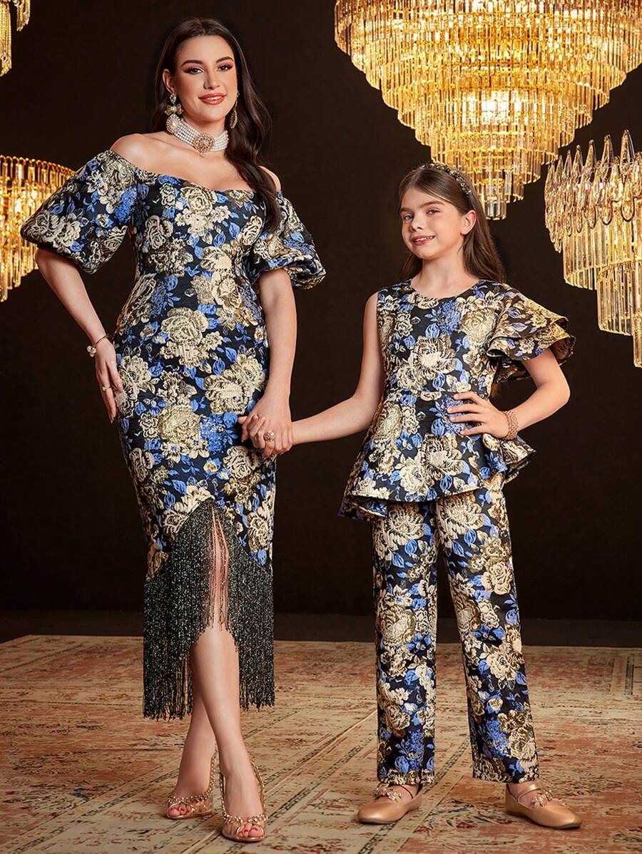 SHEIN Tween Girls' Lovely Round Neck Jacquard Overall Jumpsuit With Asymmetrical Ruffle Hem