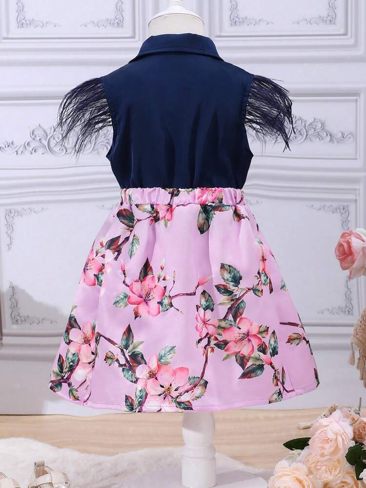 Young Girls' Feather Patchwork Palace Style Gorgeous Shirt And Floral Printed Skirt 2pcs/Set