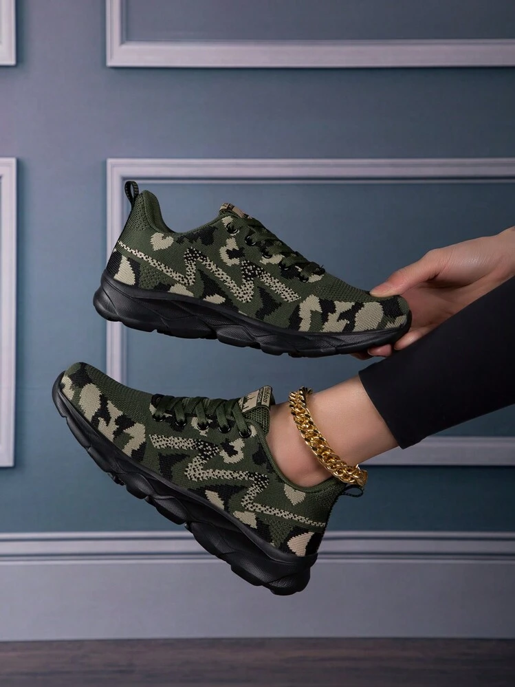 Zapatos deportivos casuales ligeros con cordones de malla de camuflaje de unicolor para mujer, para todas las estaciones, tenis para mujer - Verde militar - Añade 4