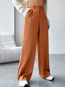 SHEIN EZwear 束口打褶斜口袋直筒西裝長褲 - 橘色 - 查看 5