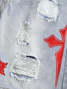 ROMWE MEN Goth Men's Cross Printed Distressed Denim Shorts, Suitable For Daily Wear In Spring And Summer, School - Light Wash - View 5