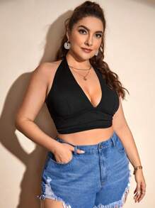 SHEIN Swim Curve Summer Beach Plus Solid Halter Bikini Top - Black - View 3