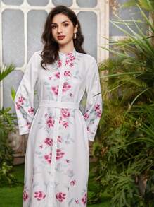 Al Najma Women's Stand Collar Flower Printed Long Sleeve Single Breasted Dress - White - View 1
