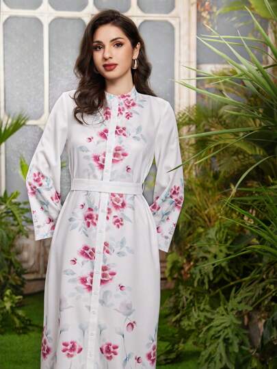 Al Najma Women's Stand Collar Flower Printed Long Sleeve Single Breasted Dress