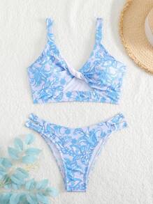 SHEIN Swim Women's Plant Pattern Printed Bikini Set Summer Beach