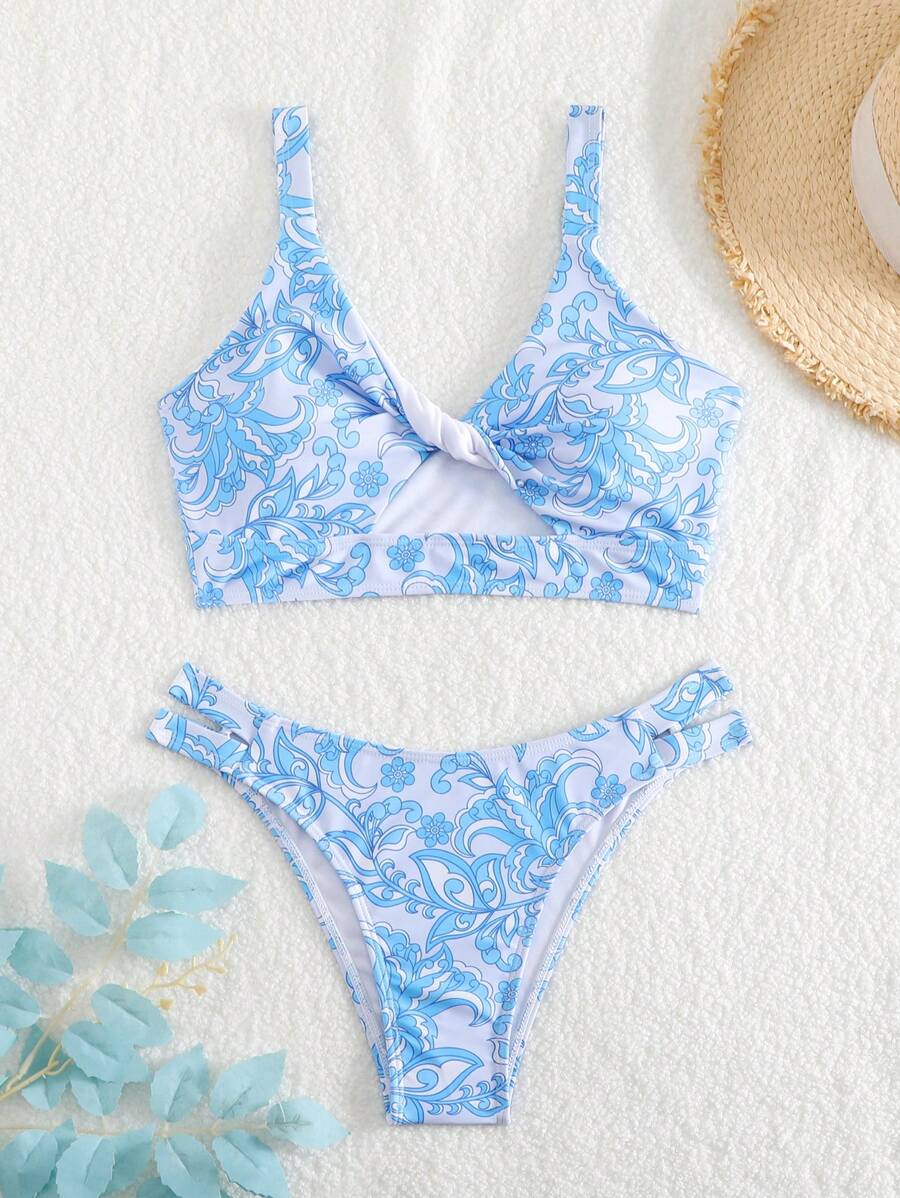SHEIN Swim Women's Plant Pattern Printed Bikini Set Summer Beach
